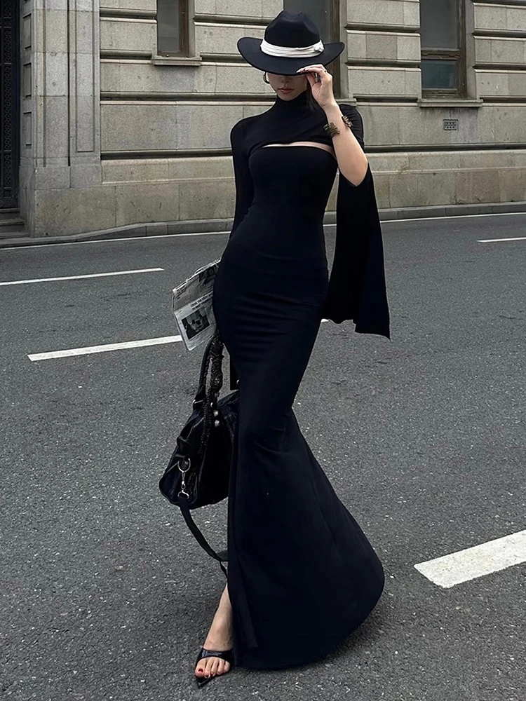 Estranho gato clássico conjunto de 2 peças feminino sem alças split maxi vestido + super curto meia manga gola alta topo combinando roupas elegantes