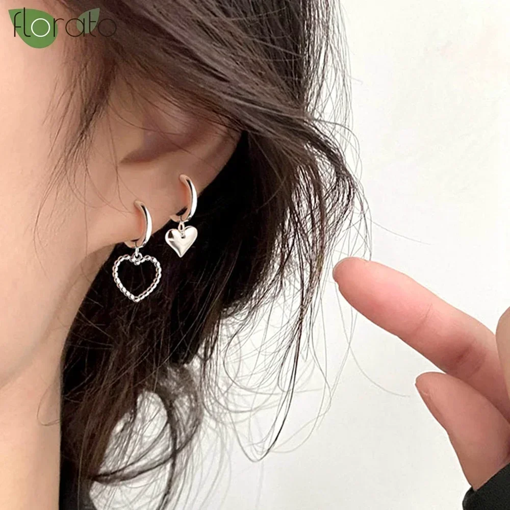 925 Sterling Silver Needle Colorful Crystal Heart Pendant Earrings Girls Cute Small Hoop Earrings for Women Trend Jewelry Gifts