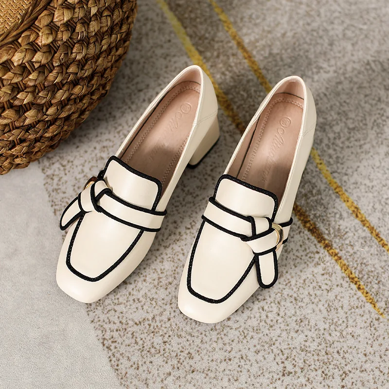 Women Retro Bowknot Loafers Spring Square Head Women Single Shoes Classic Thick Heels Soft Leather Female Pumps Zapatos De Mujer