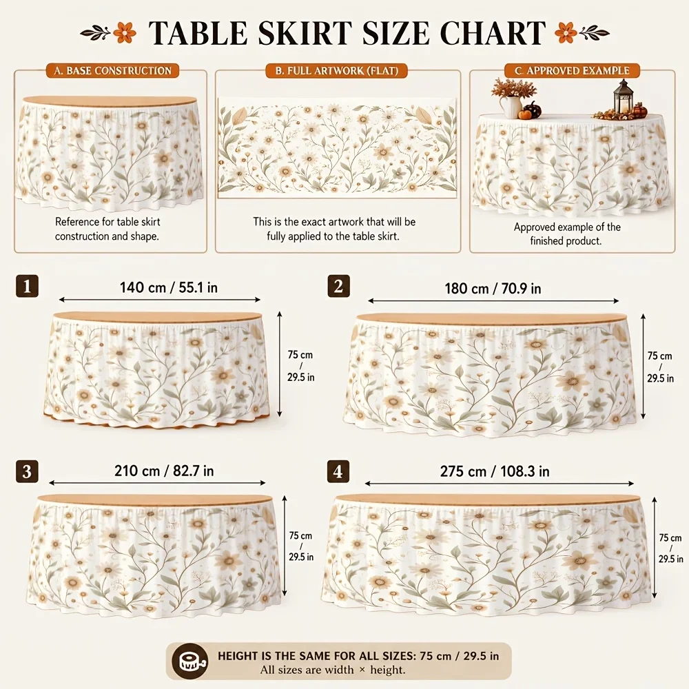 One table skirt with floral and plant prints, made of polyester, elegant and retro style, delicate and country-style.