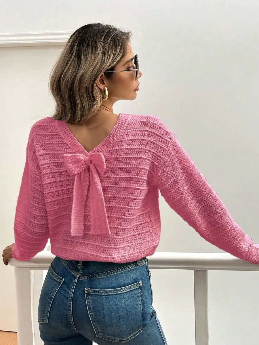 

Women's Pink Knit Pullover Sweater with Back Bow Detail