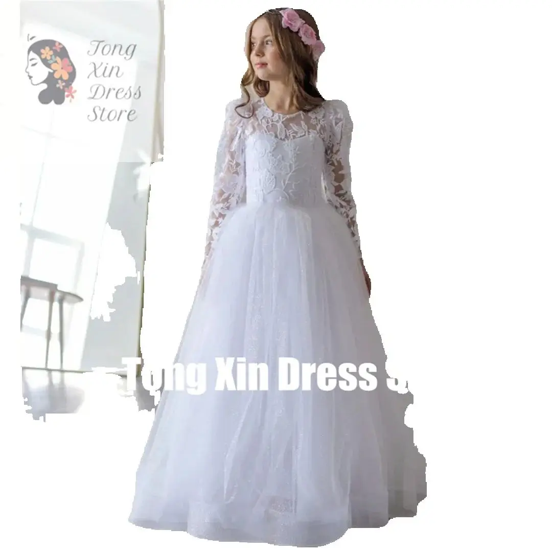 Customized Flower Girl Dresses White Tulle Flowers Embroidery Long Sleeve For Wedding Birthday Party First Communion Gowns