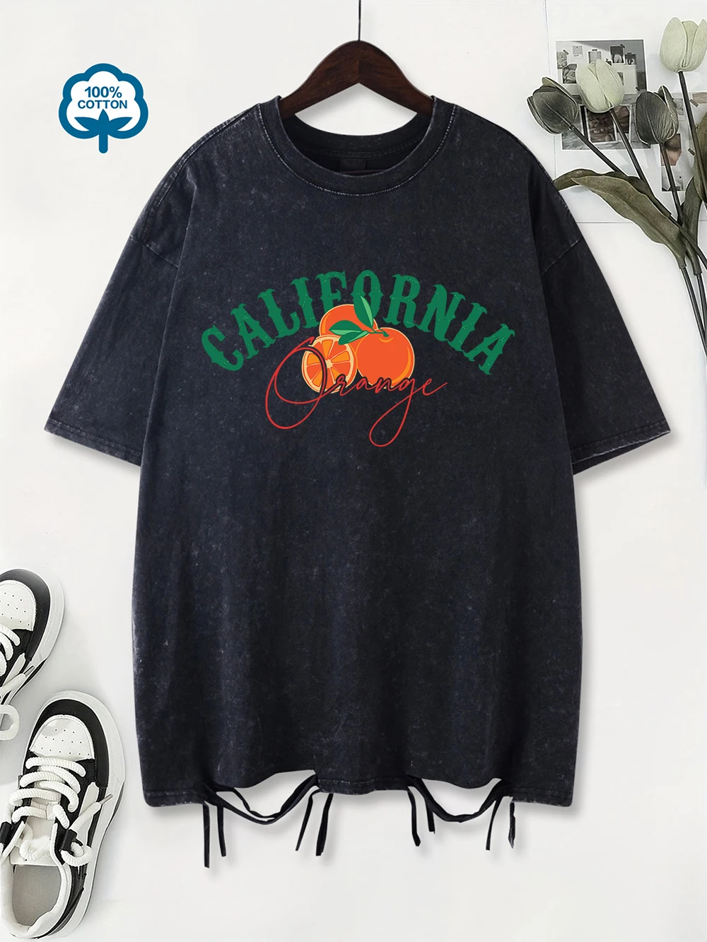 

Summer Washed T-Shirts Womens Cotton California Orange Printing Tops Hip Hop O-Neck Oversized Streetwear Vintage Womans Clothes