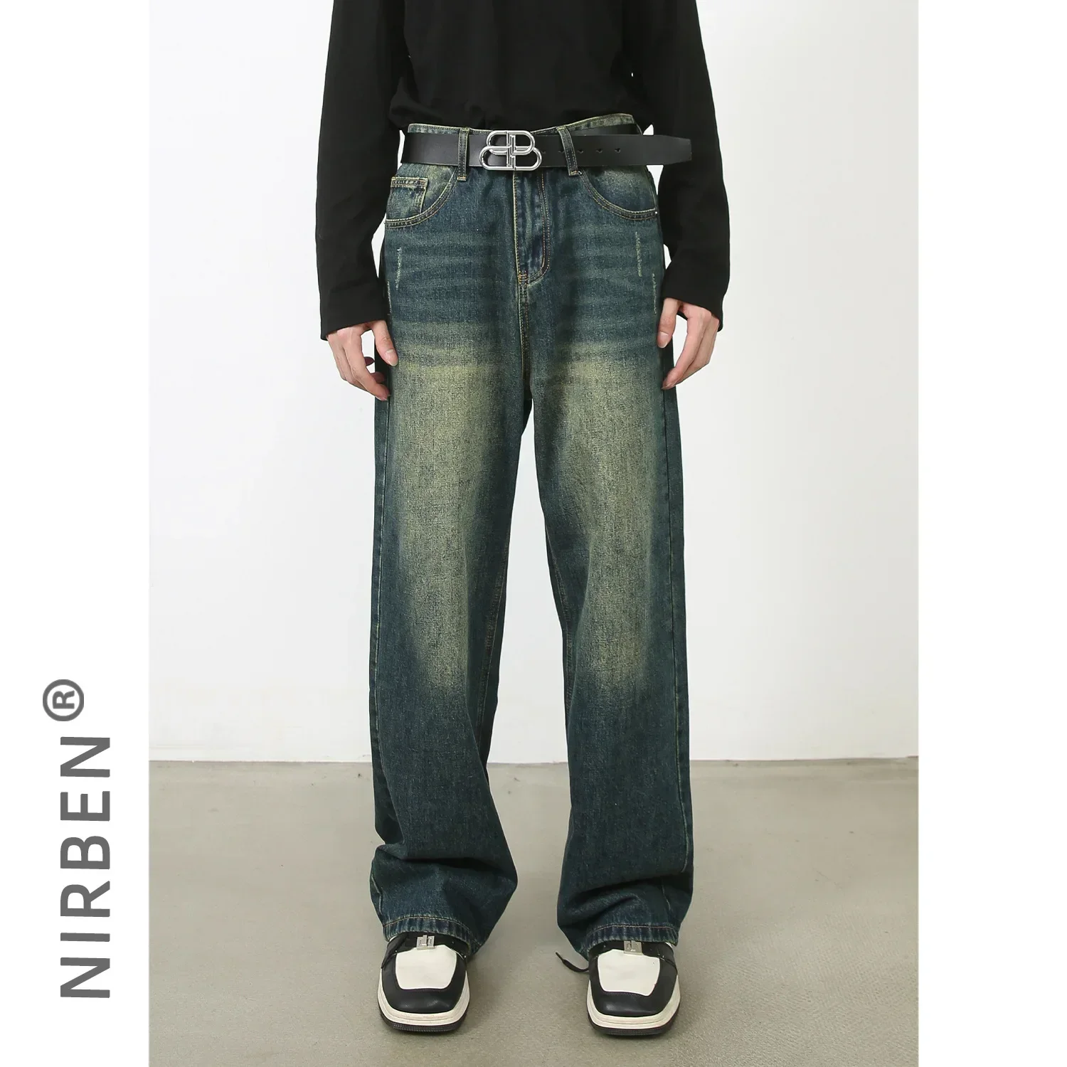 

Autumn and Winter New Vintage Make-old Straight Jeans, Men's Loose Water Washing Wide-leg Long Pants, Casual Floor-length Jeans