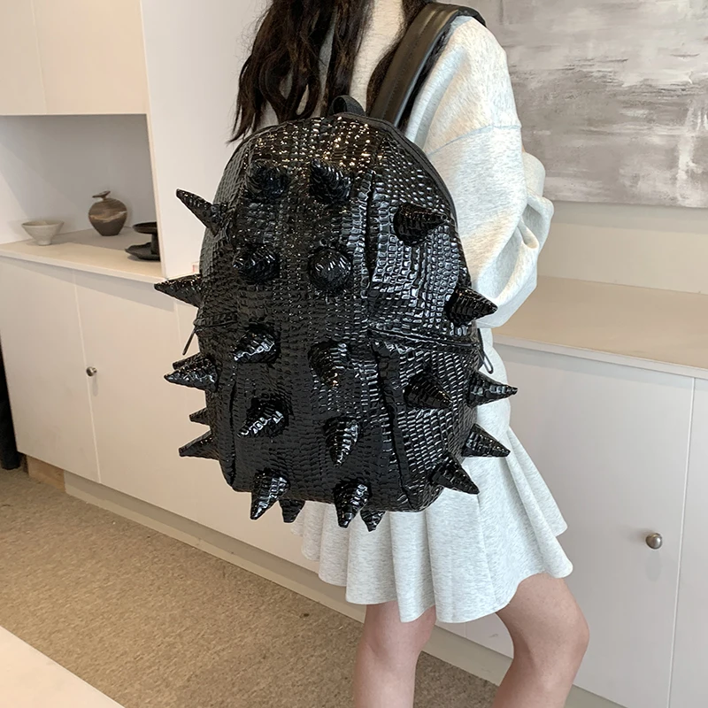 Large Capacity Backpack Crocodile Pattern PU Leather Shoulder Bag Japan Style Cartoon Hedgehog Travel Backpack Female Bookbags