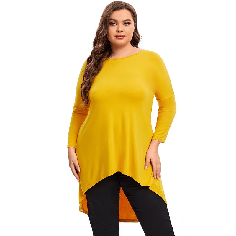 Plus Size Long Sleeve Elegant Spring Autumn Tunic Blouse Women Long Hi Low Fit Flare Swing Tops Large Size Loose T Shirt 7XL 8XL