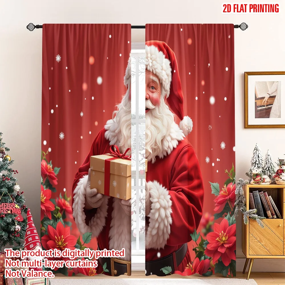 

2pcs 2D flat printing Merry Christmas Popular Window Curtains Santa Gift Poinsettia Snowflakes 100% Polyester Fabric Without