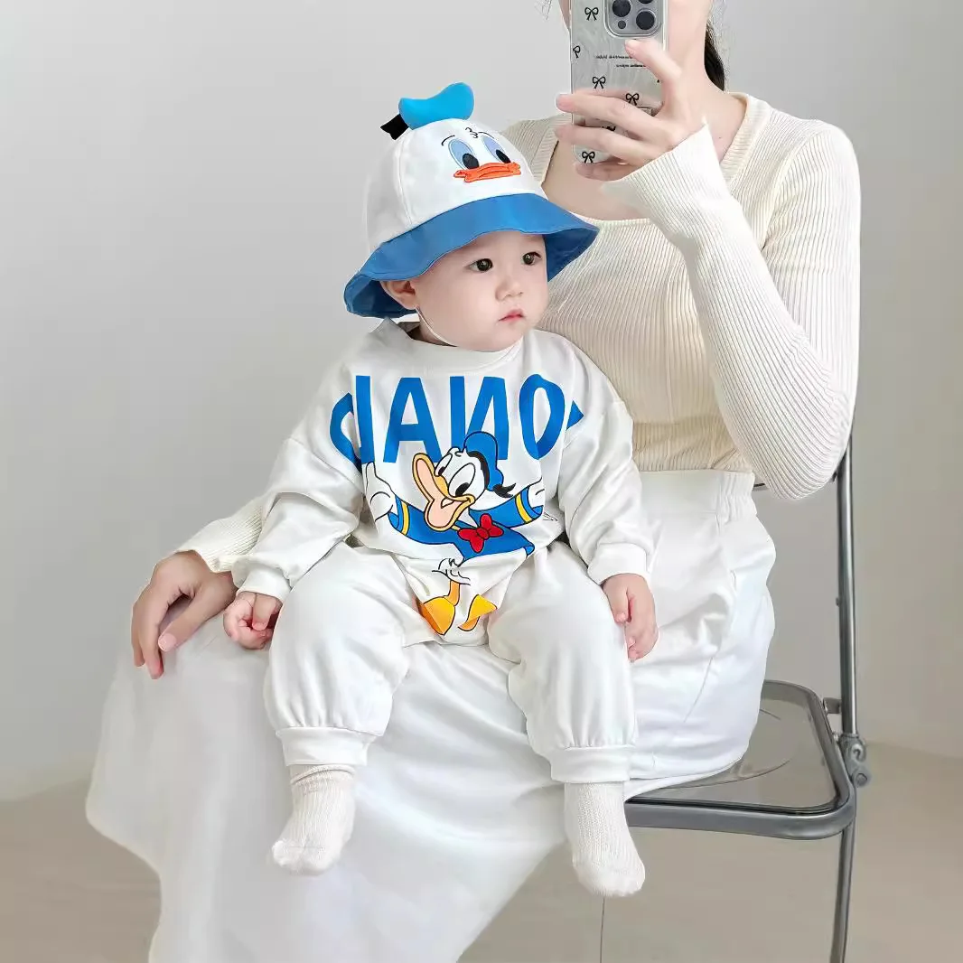 3-6-9-12 Months Disney Mickey Fashion Rompers Hoodie Style Winnie Donald Duck Onesie Authentic Cotton Soft Clothing Bodysuits