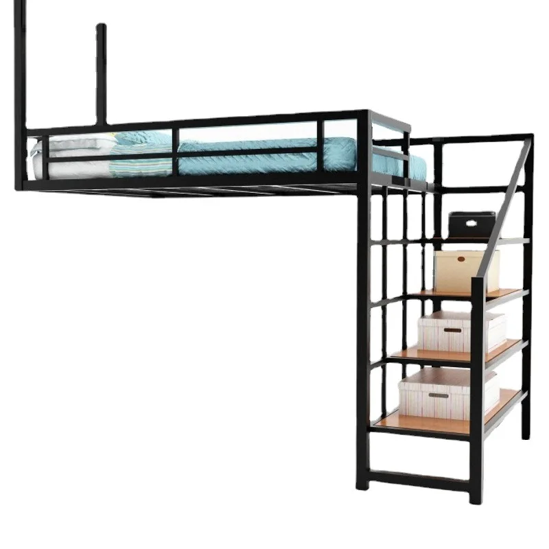

Modern simple single bedroom iron frame bed dormitory multi-functional bed under table with cabinet elevated bed apartment