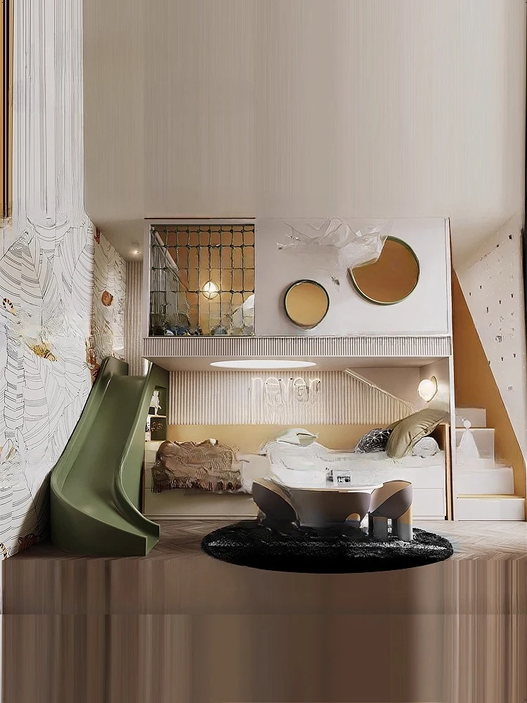 الأولاد يخرجون وخارج بيت لعب داخلي مع سرير بطابقين من الخشب الصلب