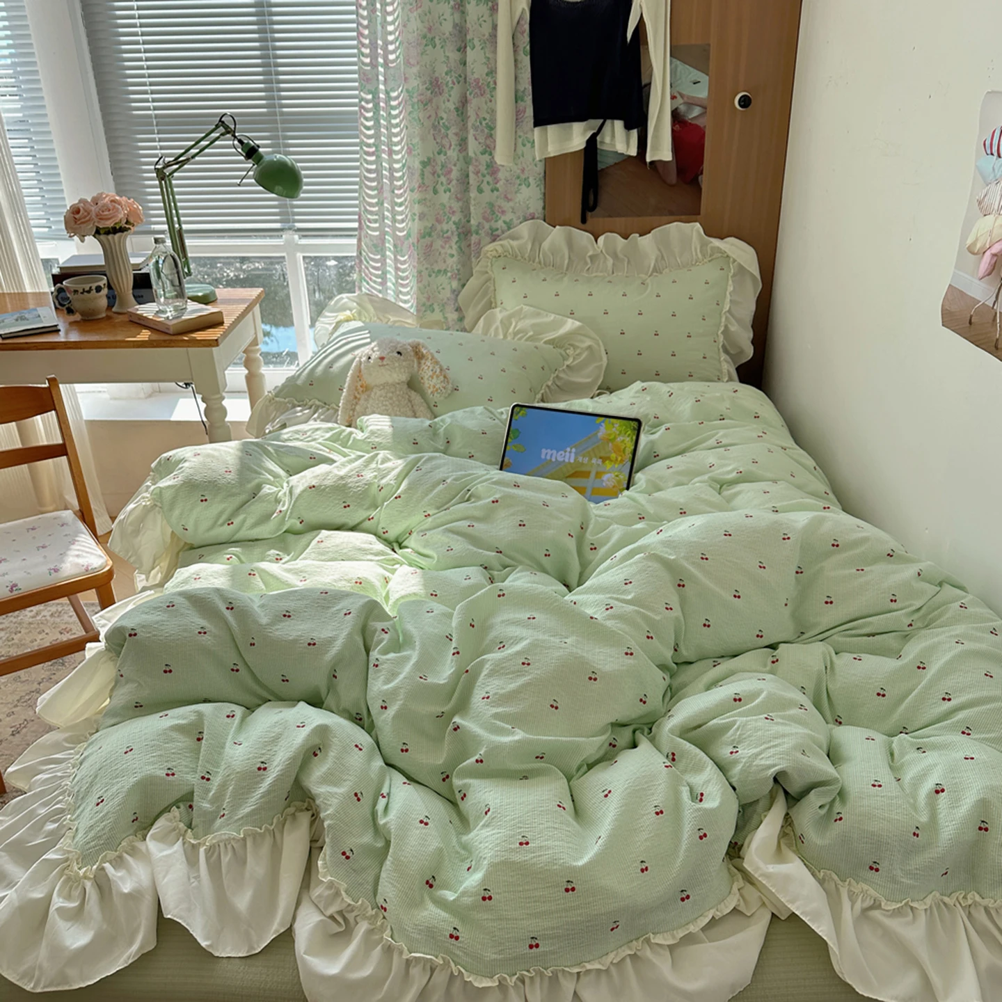 Kawaii Cherry Bedding Sets Ins Girly Cottagecore Ruffles Duvet Cover Fitted Sheet For Girls Woman Home Bedroom Kawaii Bed Linens