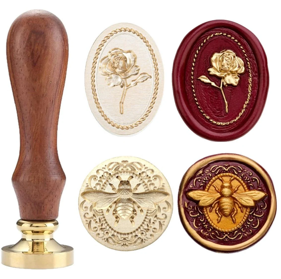 Elegant 3D Relief Diameter 3cm Big Bee Seal Stamp and Oval Rose Wax Seal Stamp Set, for Wedding Invitation