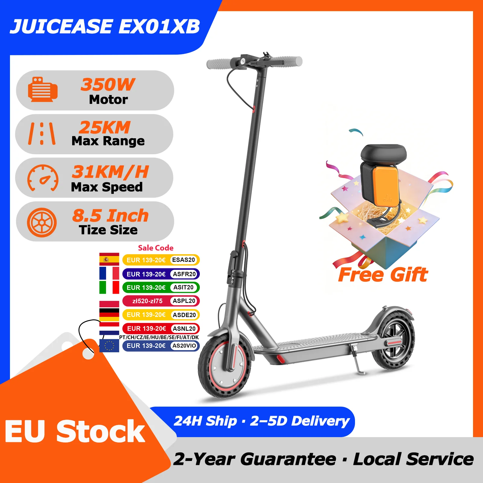 Trottinette électrique 2026 JUICEASE EX01XB, moteur 350W, batterie 36V 7.8Ah, autonomie 25 KM, pneus 8.5 pouces, avec application, pliable, pour adulte