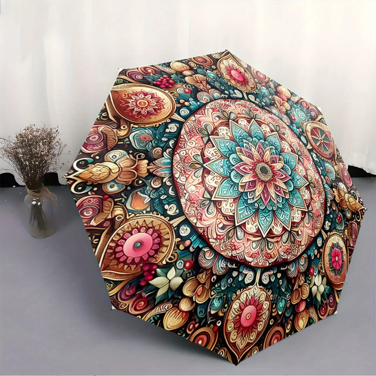 

Автоматический складной зонт с замысловатым цветочным узором в виде мандалы. Портативная складная конструкция, повседневный аксессуар для активного отдыха, подходит для всех видов морских видов спорта.