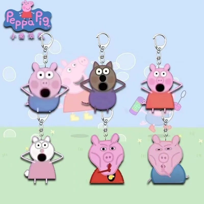 Lot de 6 porte-clés Peppa Pig, accessoires d'anime amusants, pack d'émoticônes abstraites, pendentif acrylique Peppa Pig pour sac d'école, cadeau pour filles