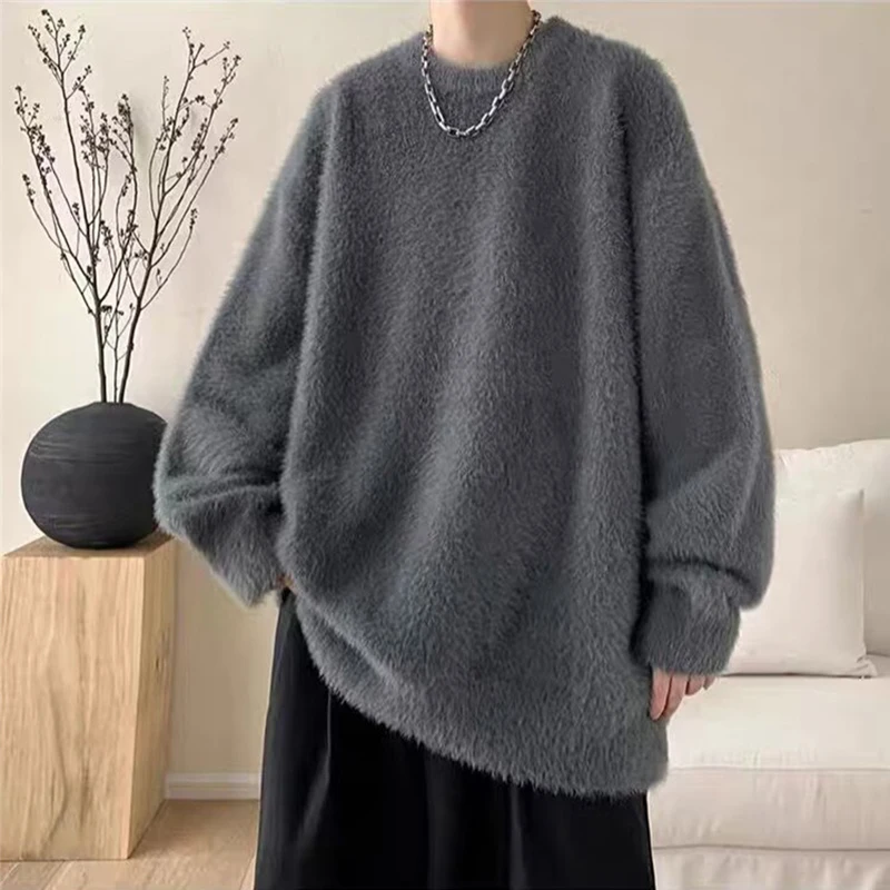 

Winter American Streetwear Fluffy Knitted Pullovers For Man Casual Solid Color Baggy Sweaters Y2K Vintage Crewneck Knitwear