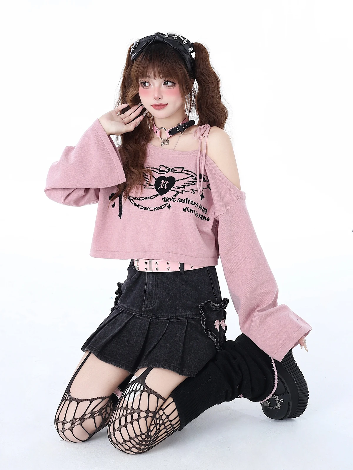 Y2K Hot Girl Off Shoulder Lace-up Knitted Short Top 2024 Spring and Summer Female Students Sweet Loose Pullover Thin Sweaters