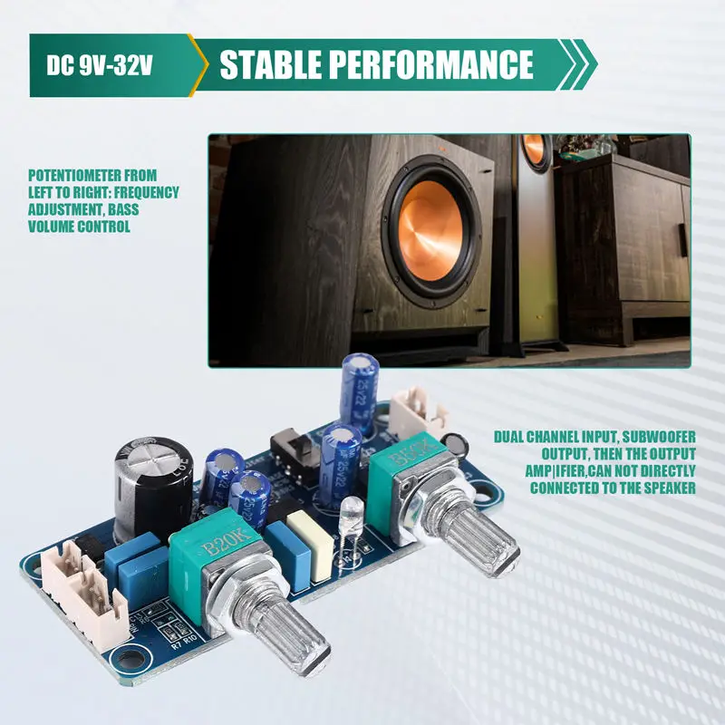 Low Pass Filter Bass Subwoofer Preamp Amplifier Board Single Power DC 9-32V Preamplifier With Bass Volume Adjustment