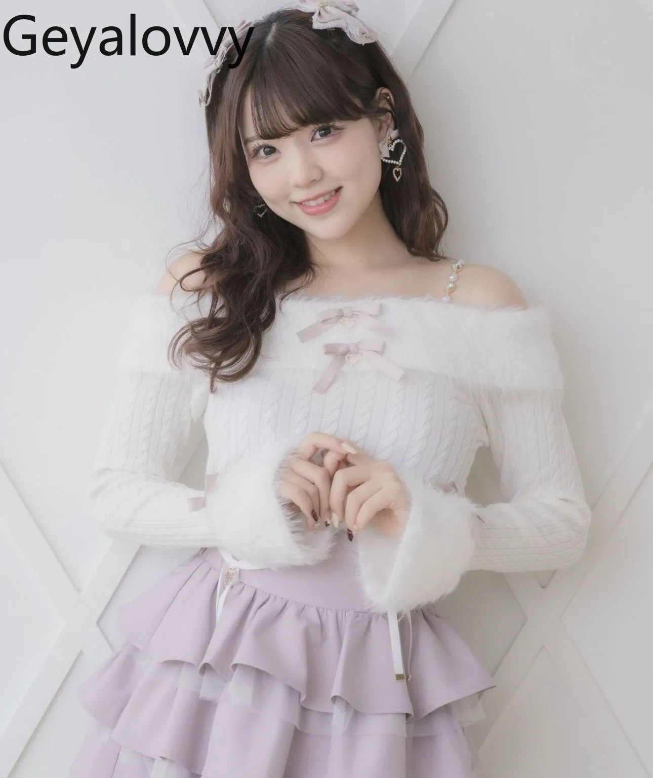 

Japanese Style Off-Shoulder Tie Plush Knitted Sweater Top Autumn Winter New Sweet Girls Versatile Bell Sleeve Bow Heart Pullover