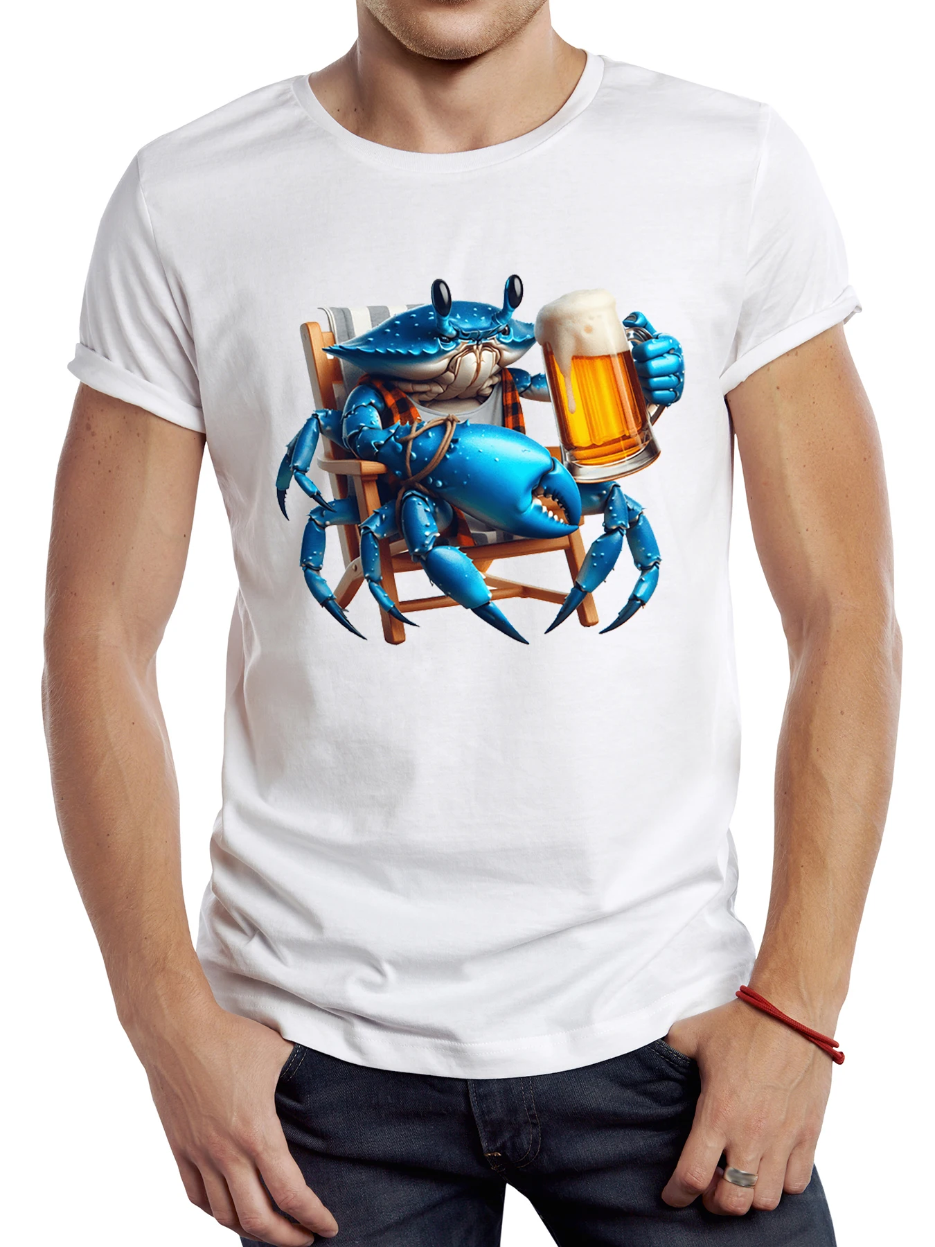 TEEHUB Vintage Funny Blue Crab Men T Shirt Casual Holiday Beer Male Tops Hipster Retro Crab Drink Beer Printed Tee