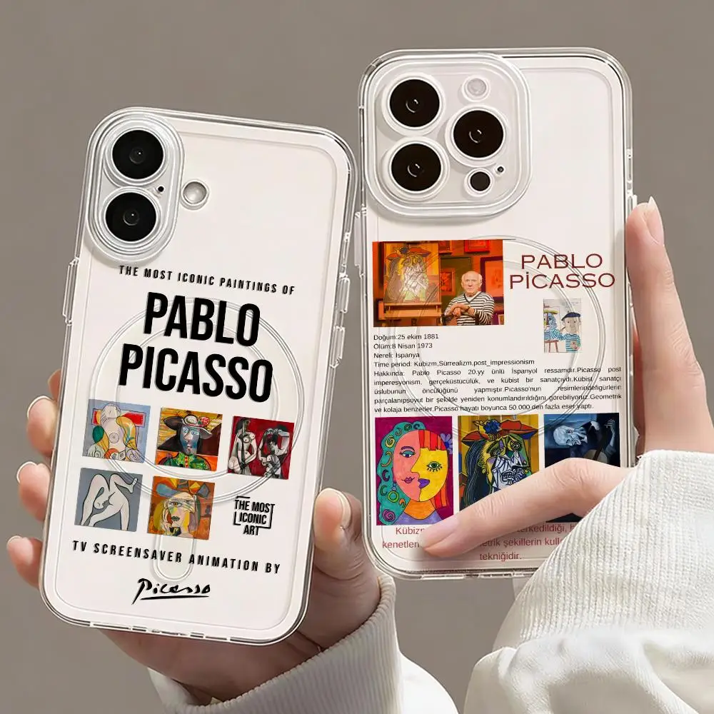 Coque de téléphone magnétique transparente conçue par P-Picasso pour iPhone 17 16 15 14 13 12 Pro Max Plus, étui fin sans fil