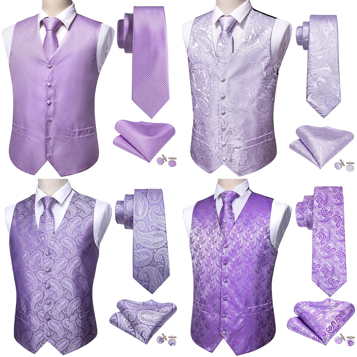 Barry Wang Seda Mens Vest Magro Roxo Paisley Vestido Sólido Colete Terno Sem Mangas V Neck Jacket Formal Negócio Casamento