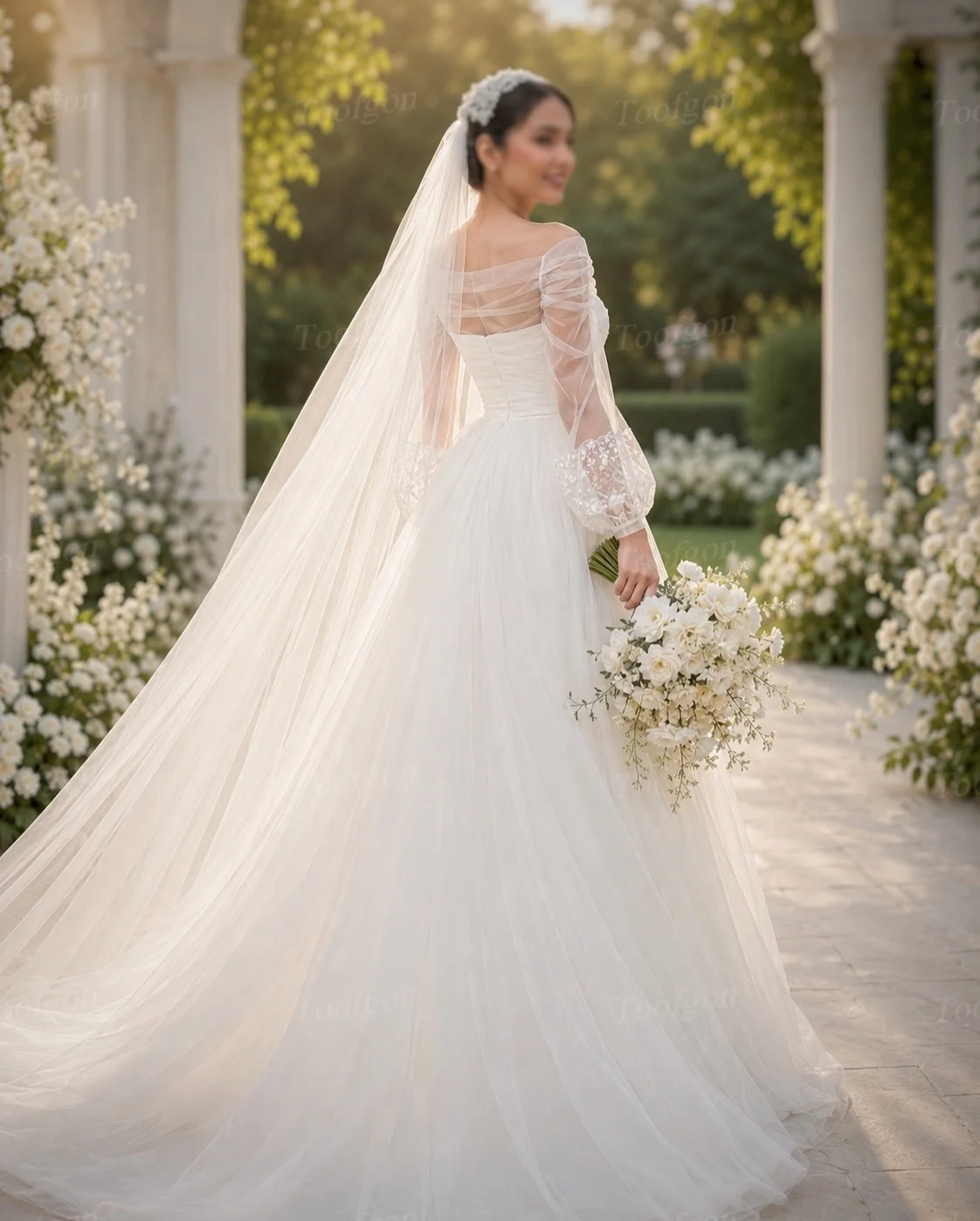 Toofgon Customized A Line Tulle Wedding Dresses Lace Long Sleeves Wrap Bride Dress Bridal Photography Formal Party Wedding Gowns