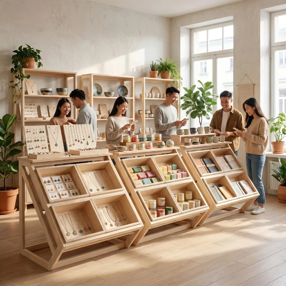 Modern High End Solid Wood Display Rack Nordic Vintage Central Island Commercial Exhibition Stand Premium Office Furniture FYMS