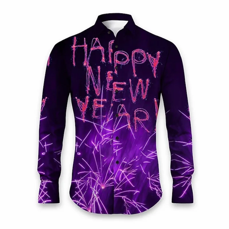 Full Print Happy New Year Fireworks Shirts For Men Casual Turndown Collar Long Sleeve Button Up Shirts Blouse Streetwear