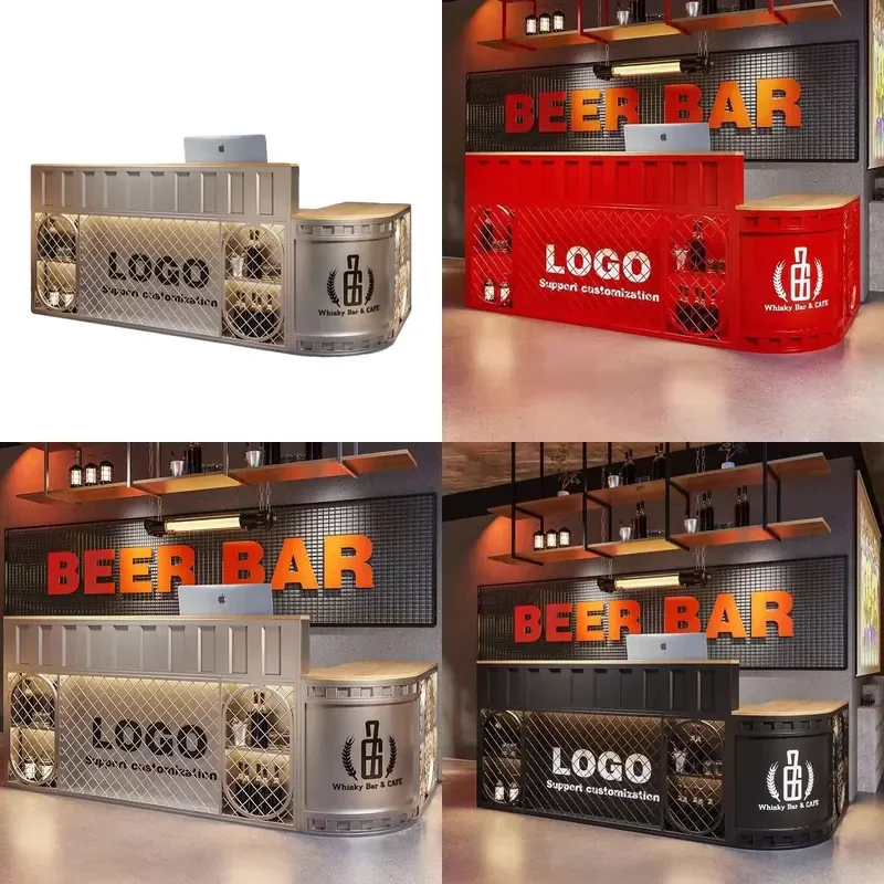 Retro Industrial Wrought Iron Bar Counter Clear Checkout Desk Corner Reception Table for Restaurant Music Lounge Front Office