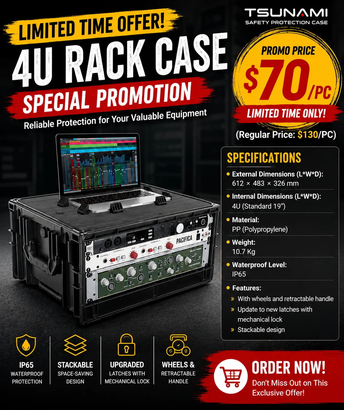IP65 Waterproof 4U Shallow Rack Case Lightweight Portable PP Injection Molded Flight Case with Wheels for DJ Audio Equipment