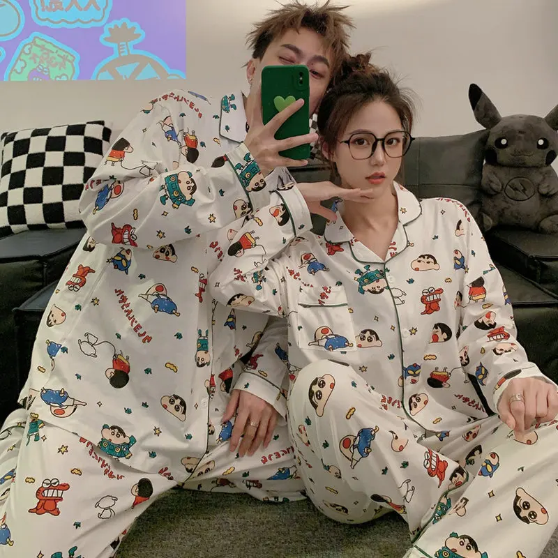 Couple Pajamas Women\'s Cotton Spring and Autumn 2023 New Korean Long Sleeve Autumn Cartoon Men\'s Homewear Set