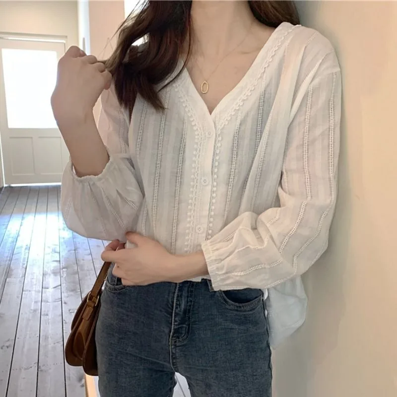 QWEEK Korean Style Basic White Women Blouses Oversized Office Elegant V Neck Long Sleeve Shirts Solid Colour Fashion Youthful