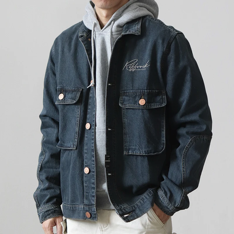 2024 Autumn New American Retro Thick Denim Cargo Embroidery Jacket Men's Simple 90% Cotton Washed Old Casual Pocket Loose Coat