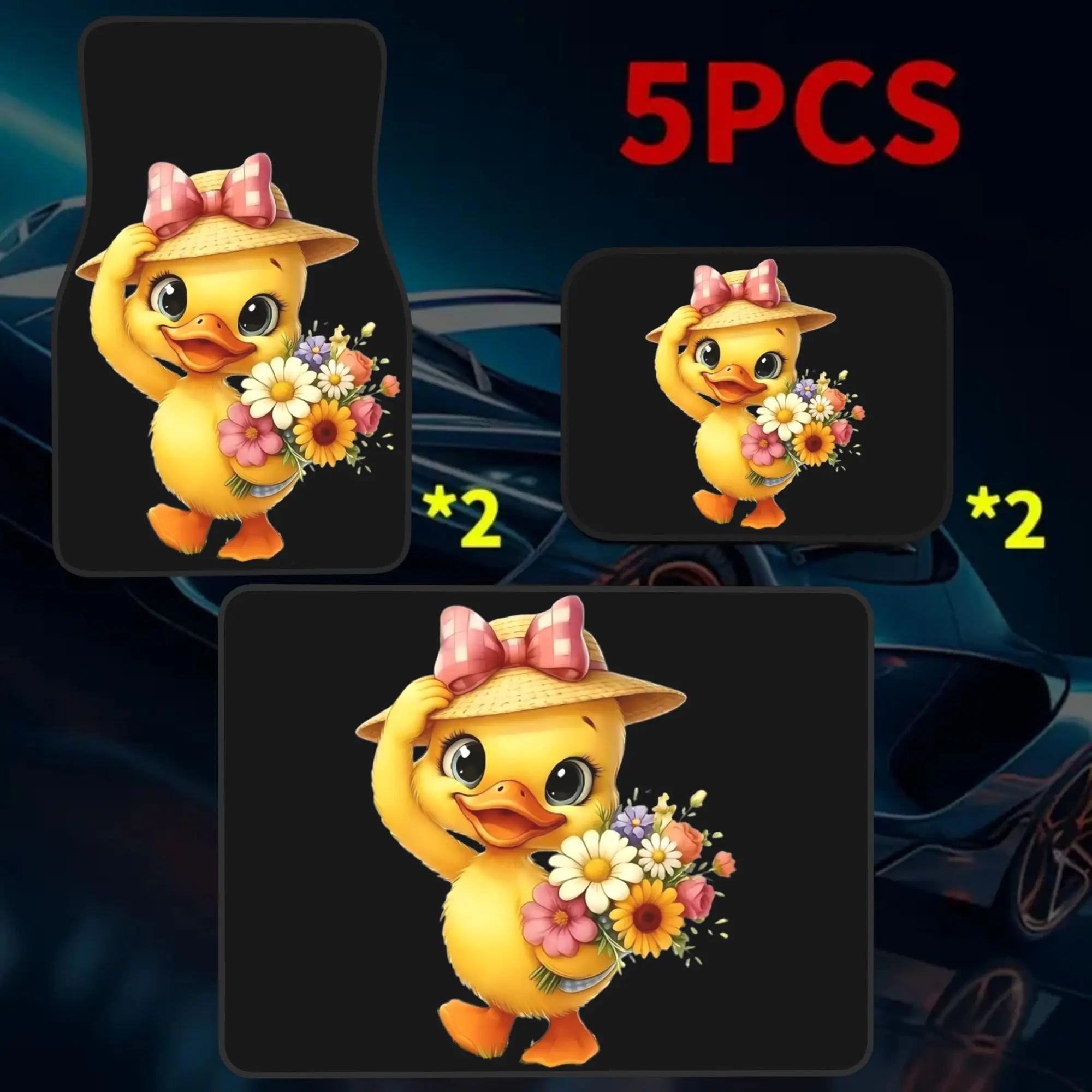 2D Flat Printing 5pcs Cute Yellow Duck With Straw Hat Flowers Printed Car Mats Set (4 Floor Mats + 1 Trunk Mat), Made Of Durable