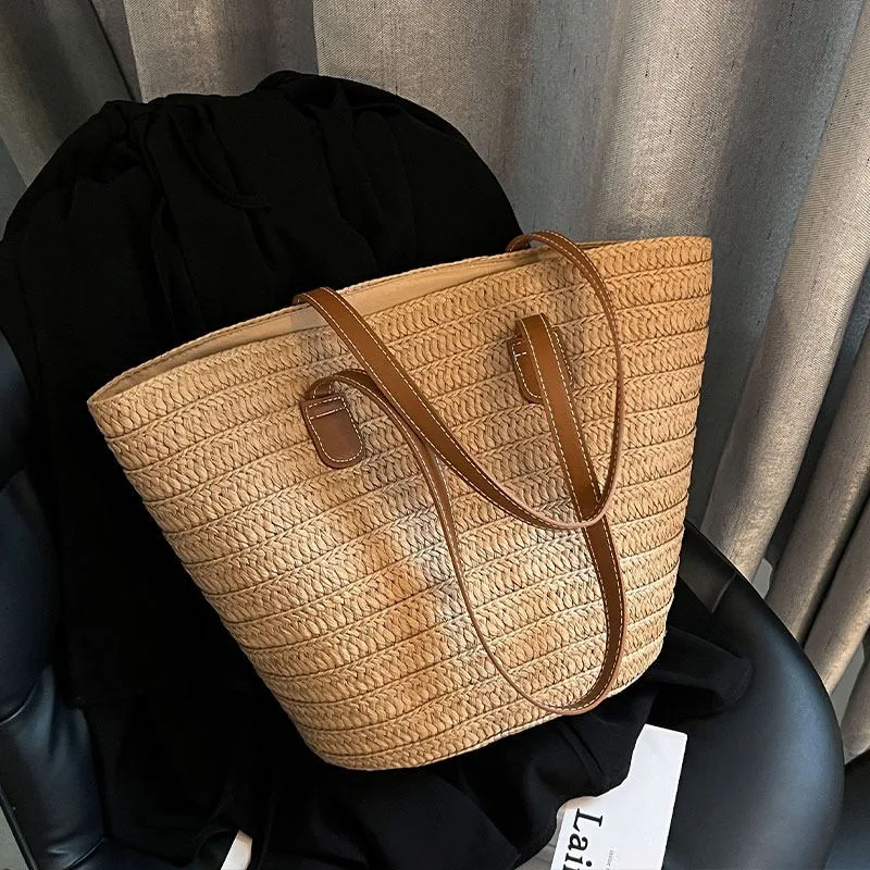 

Вместительная плетеная сумка-корзина из соломы с ажурным узором, в пляжном стиле, для женщин, летняя, ручная, бамбуковая, плетеная сумка-тоут