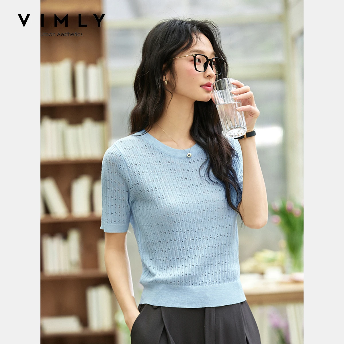 

‌ VIMLY однотонные повседневные пуловеры, трикотажная футболка с вырезами, лето 202, женская одежда с круглым вырезом, 75013