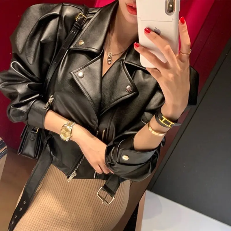 

Faionable ort PU Leather Jaet Women's Straight Bubble Sve Zipper Casual Sle Warm Outerwear Spring Season