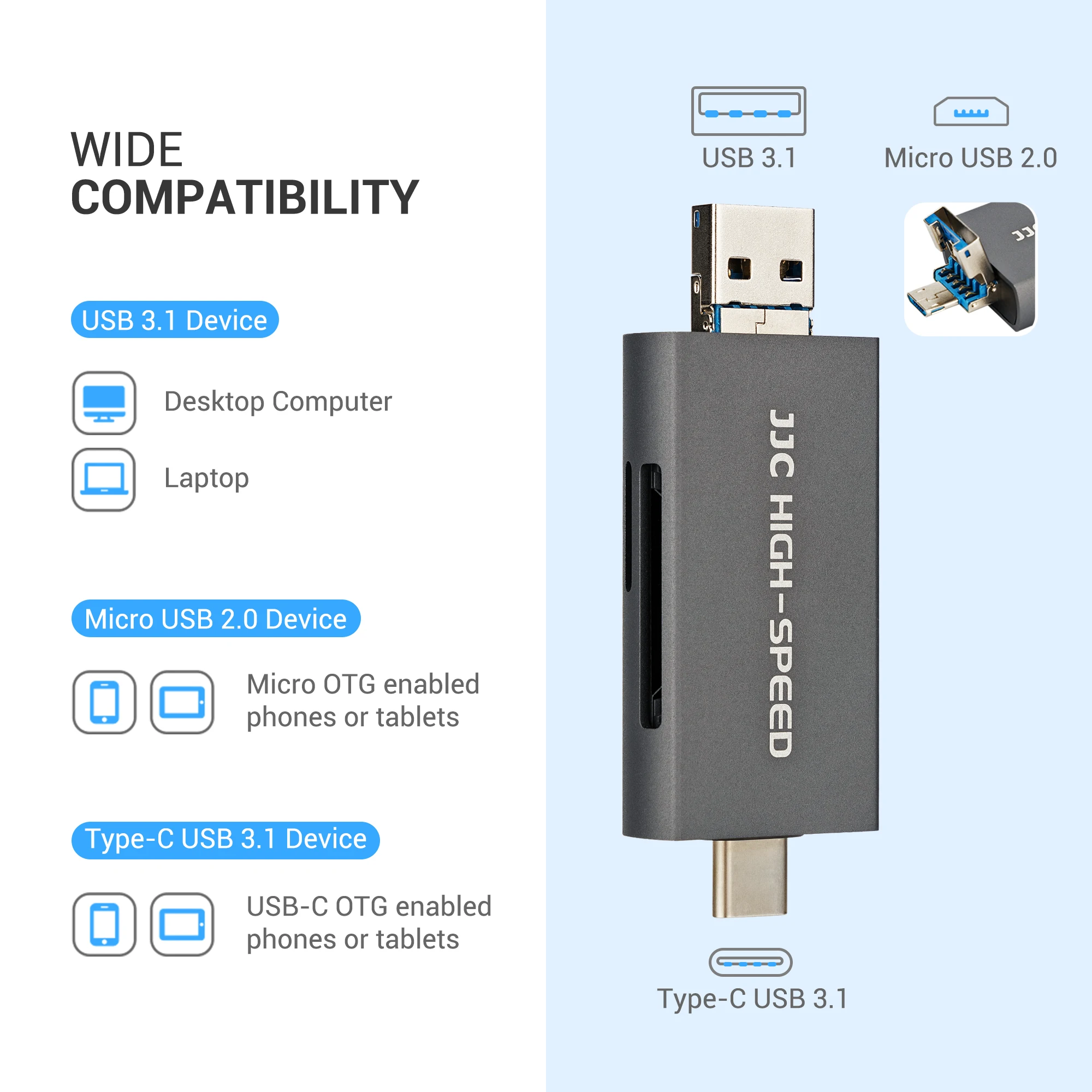 JJC 3 Trong 1 Đầu Đọc Thẻ Micro SD Đầu Đọc Thẻ USB 3.1 Micro USB 2.0 Cho SD SDXC SDHC Thông Minh thẻ Nhớ Cho USB-C Hỗ Trợ OTG Điện Thoại