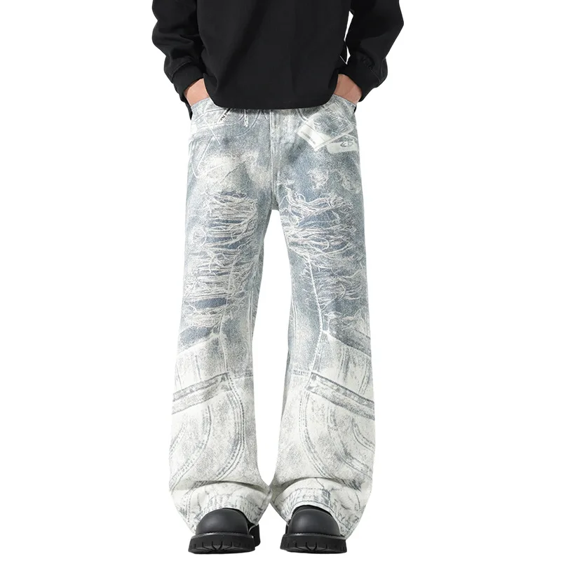 2025 Autumn New American Fashion 3D Digital White Loose Jeans Dirty Printed Jeans Men's Casual Straight Leg Leg Floor Pants