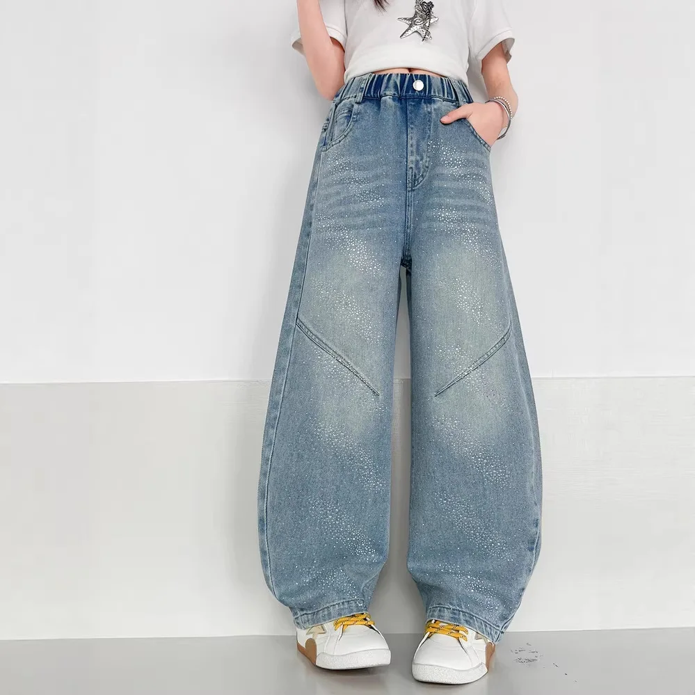 Girls' Leaf Rhinestone Scimitar Pants 2026 Spring Leaf Denim Pants Big Kids Korean Style Wide-leg Pants Stylish