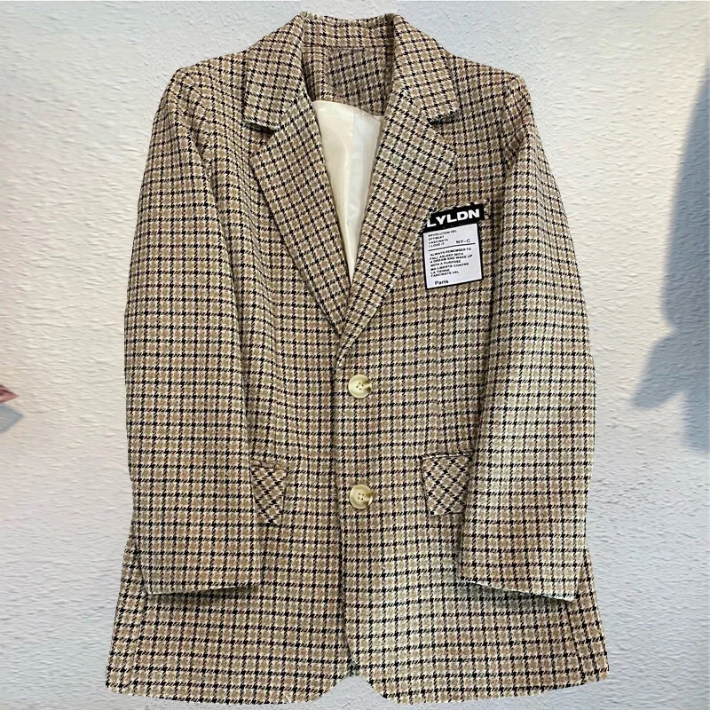 Giacca Blazer scozzese donna autunno inverno Casual giacca di lana di alta qualità monopetto moda Blazer larghi cappotto femminile