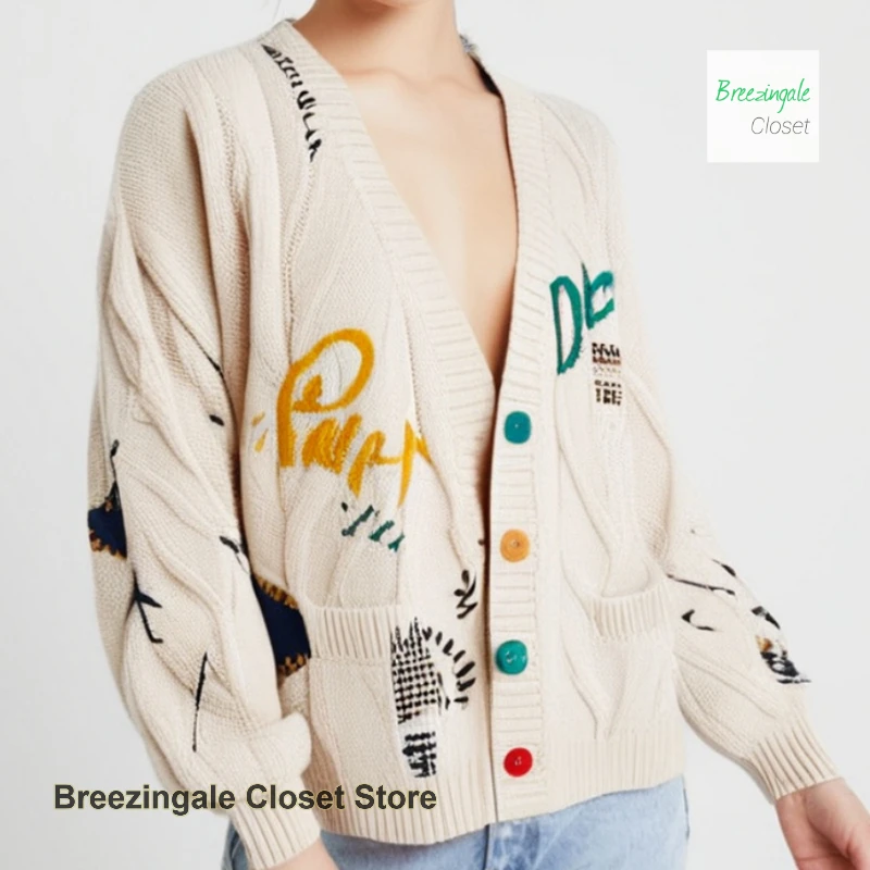 

French style fashion lazy wind embroidered sweater women's autumn and winter new temperament letter design loose sweater coat