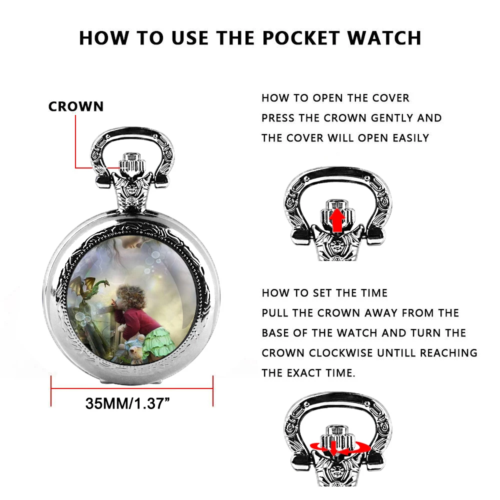 New Arrival Funny Pattern Pocket Watch Necklace Chain Pendant Necklace Quartz Watch Student Children Birthday Clock Gift