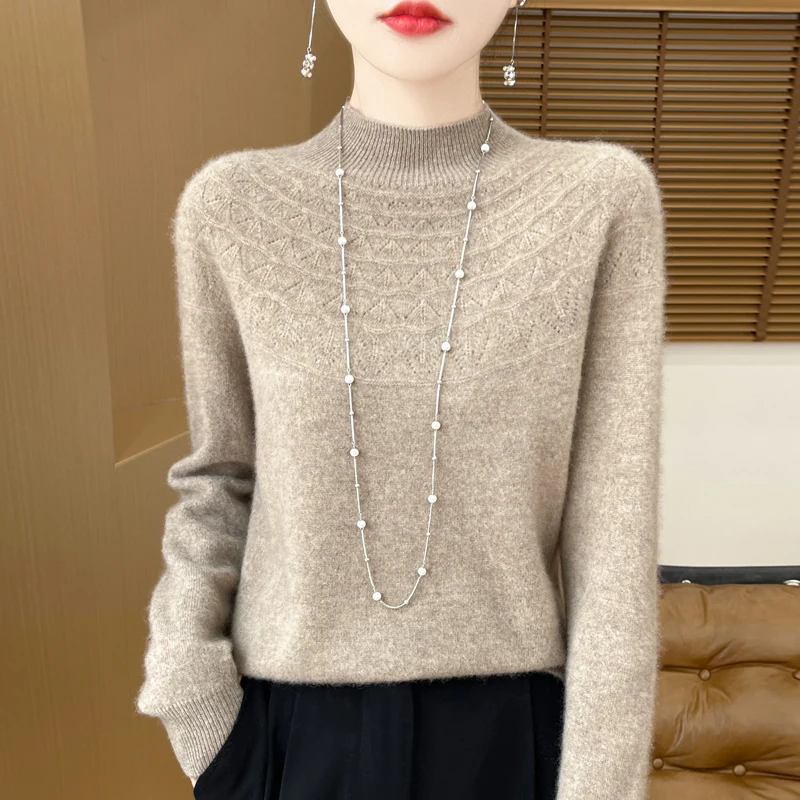 Autumn And Winter First-Line Ready-To-Wear Semi-High Neck Hollow Knitted Wool Bottoming Sweater Female Solid Color Loose