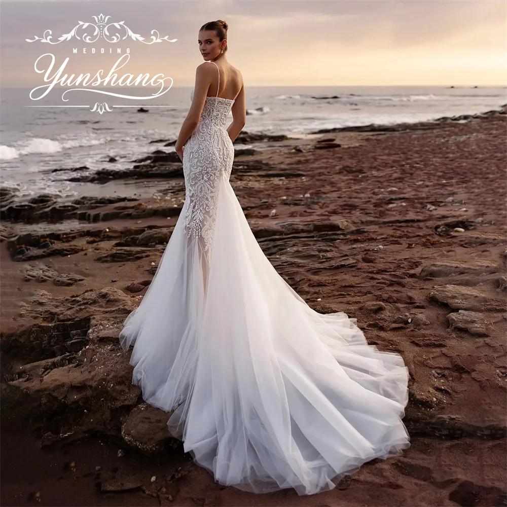 YunShang Maßgeschneidertes herzförmiges Spaghettiträger-Meerjungfrau-Hochzeitskleid, rückenfrei, Spitze, Stickerei, Applikationen, Tüll, Pailletten, Luxus