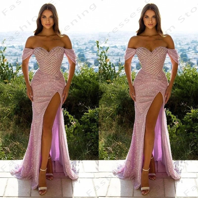 Sexy Evening Dresses Mermaid Off Shoulder Short Sleeved High Slit Pretty Sparkling Beading Simple Mopping Prom Gowns For Women