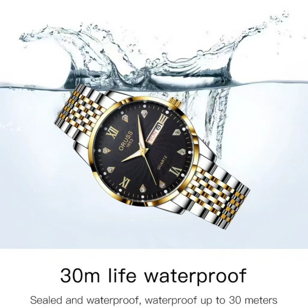 ORUSS оригинальные мужские часы из нержавеющей стали с двойным календарем, водонепроницаемые светящиеся роскошные золотые часы, модные кварцевые мужские наручные часы, новый бренд