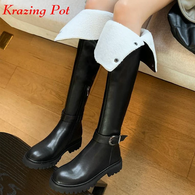 

Krazing Pot Cow Split Leather Round Toe Winter Warm Platform Snow Boots Thick Med Heels Zipper Metal Buckle Over-the-knee Boots