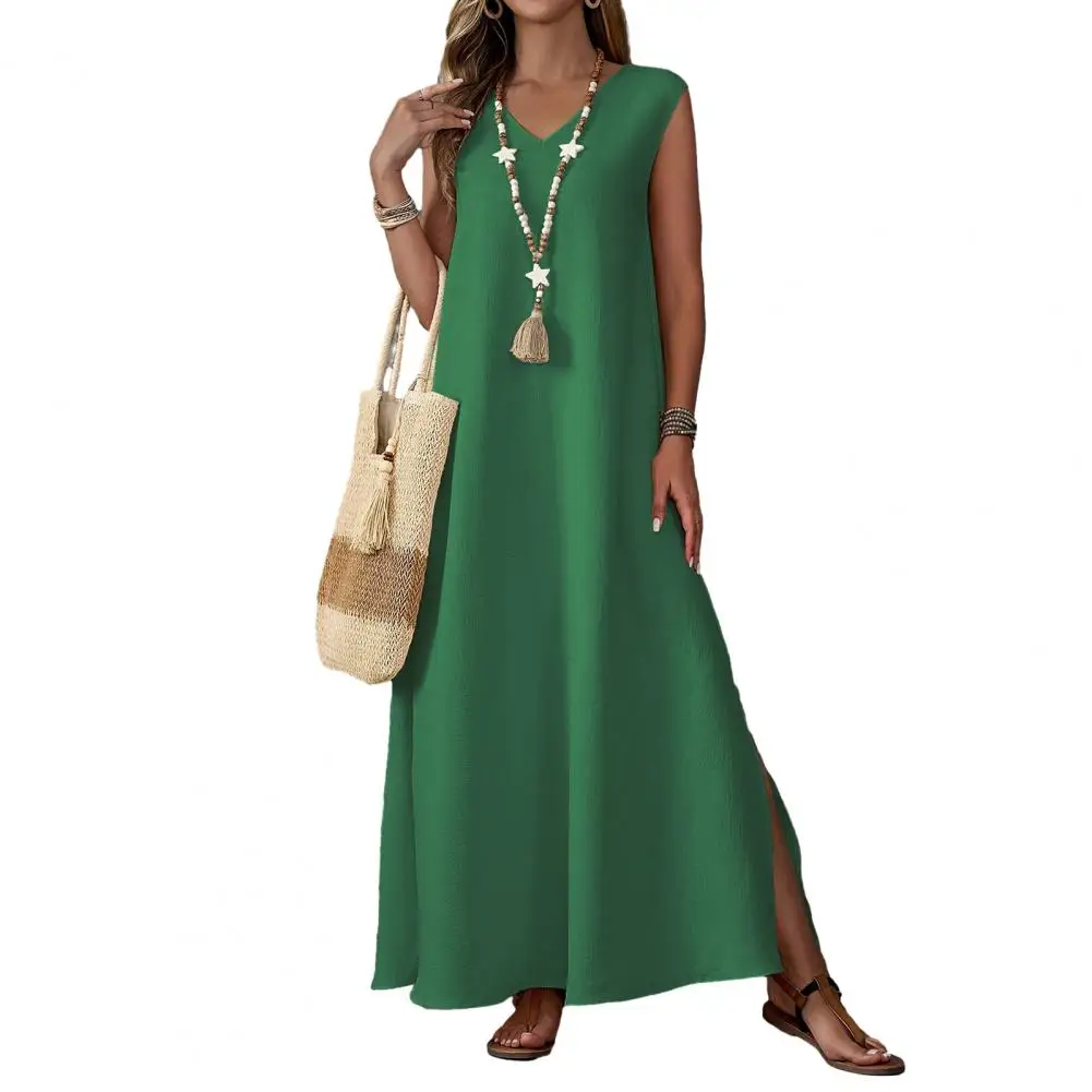 Abito Boho da donna estivo Abito lungo da spiaggia maxi con scollo a V senza maniche in tinta unita con spacco laterale